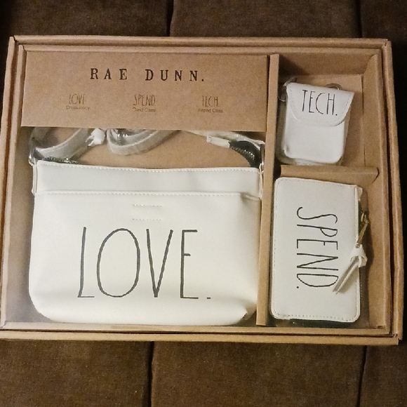 Rae Dunn White 'LOVE'  Bag and 'SPEND' Card Case & 'TECH' 3 PIECE Accessory Set - Picture 1 of 8